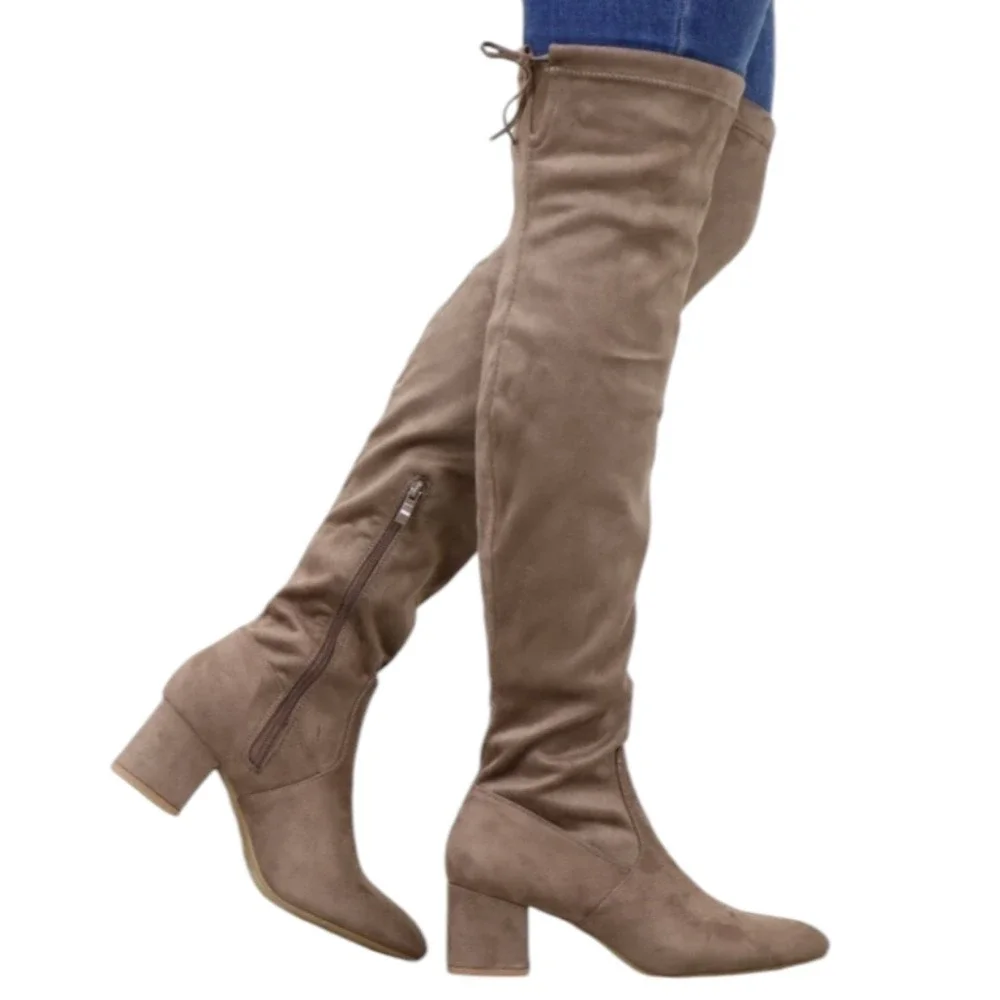 Women's‎ Taupe High Over The Knee Low Block Heel Boots Faux Suede Round Toe 9